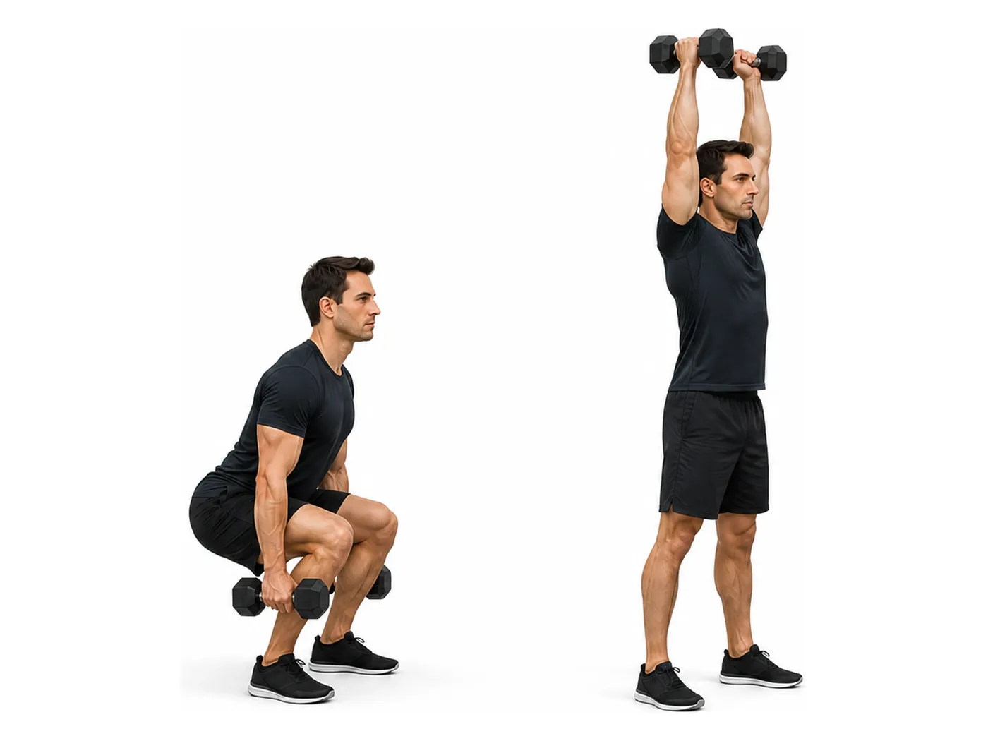 Two-panel demonstration of the squat to overhead raise, showing the start and finish positions