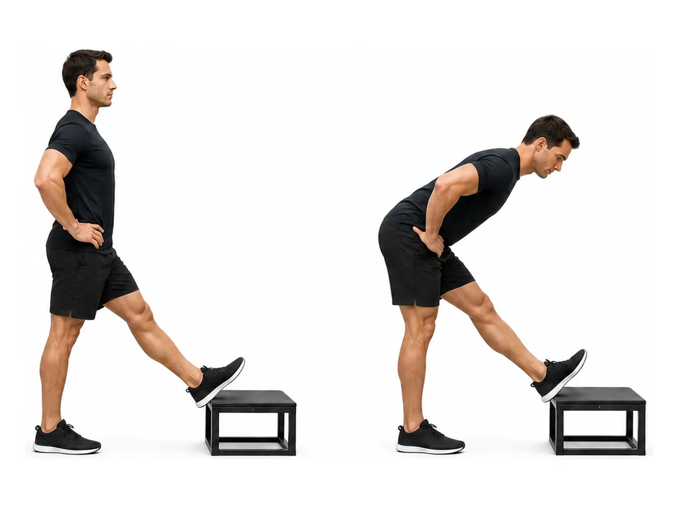 Two-panel demonstration of the standing hamstring stretch, showing the start and finish positions