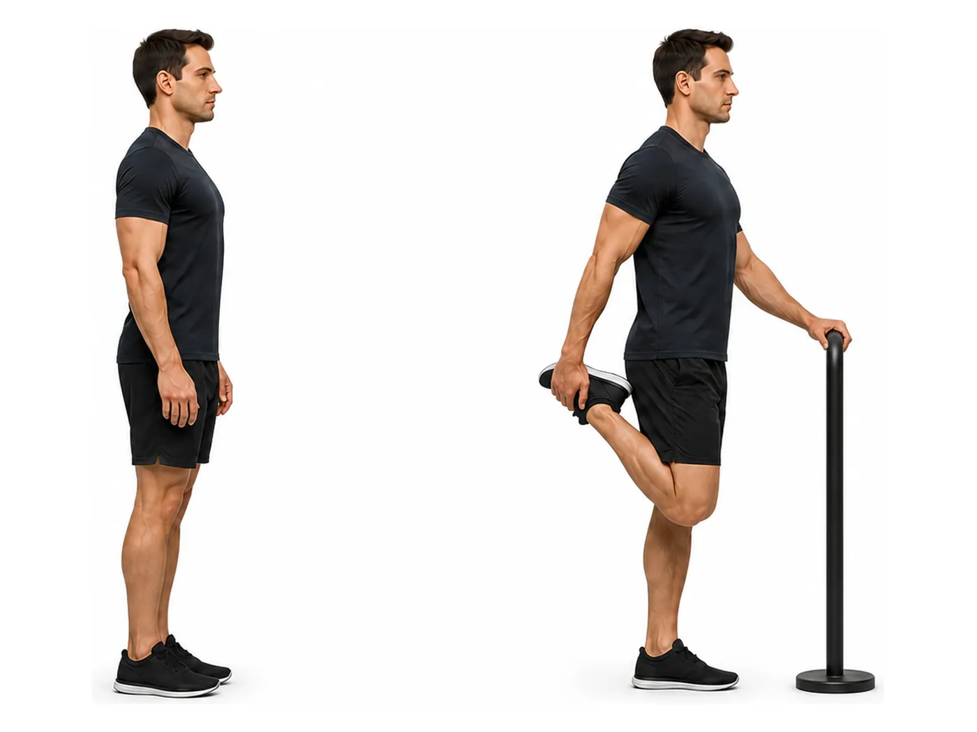 Two-panel demonstration of the standing quad stretch, showing the start and finish positions