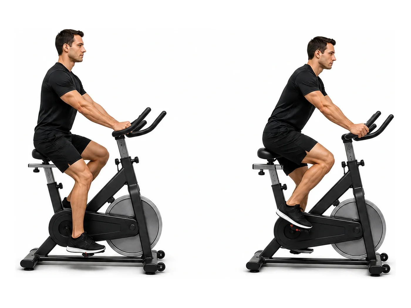 Two-panel demonstration of the stationary bike (steady), showing the start and finish positions