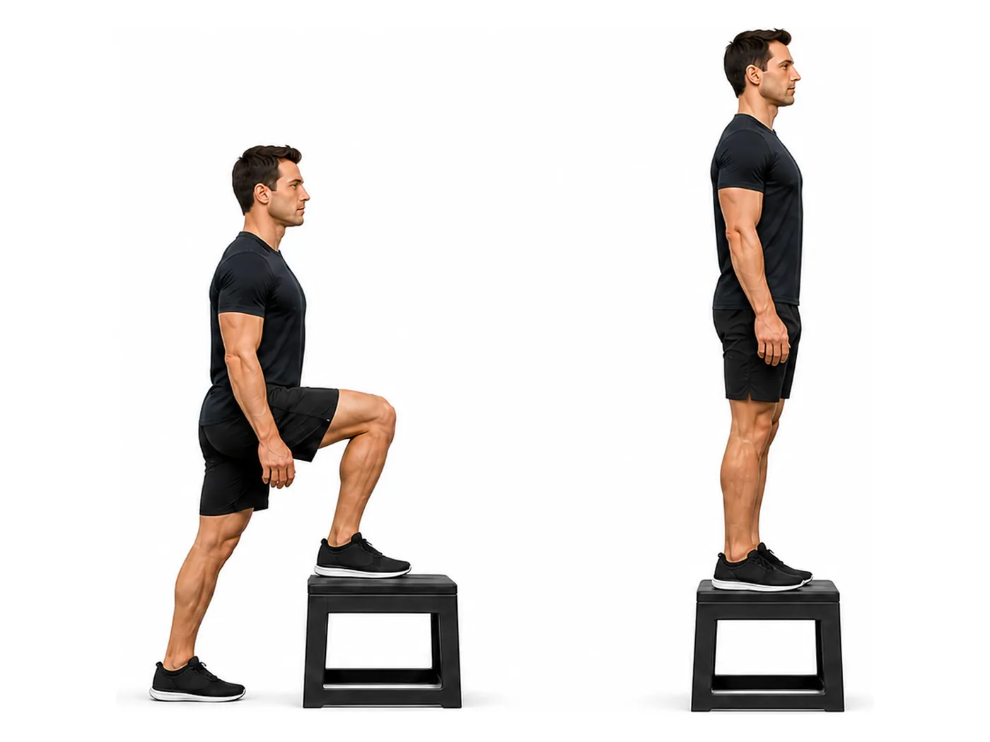 Two-panel demonstration of the step-up, showing the start and finish positions