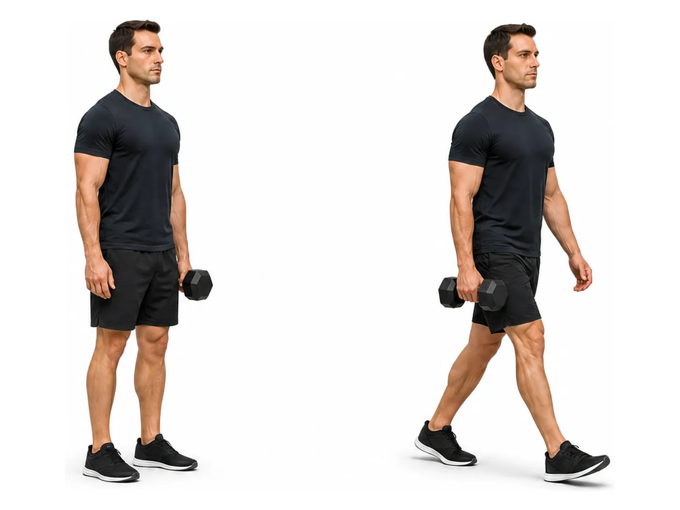 Two-panel demonstration of the suitcase carry, showing the start and finish positions