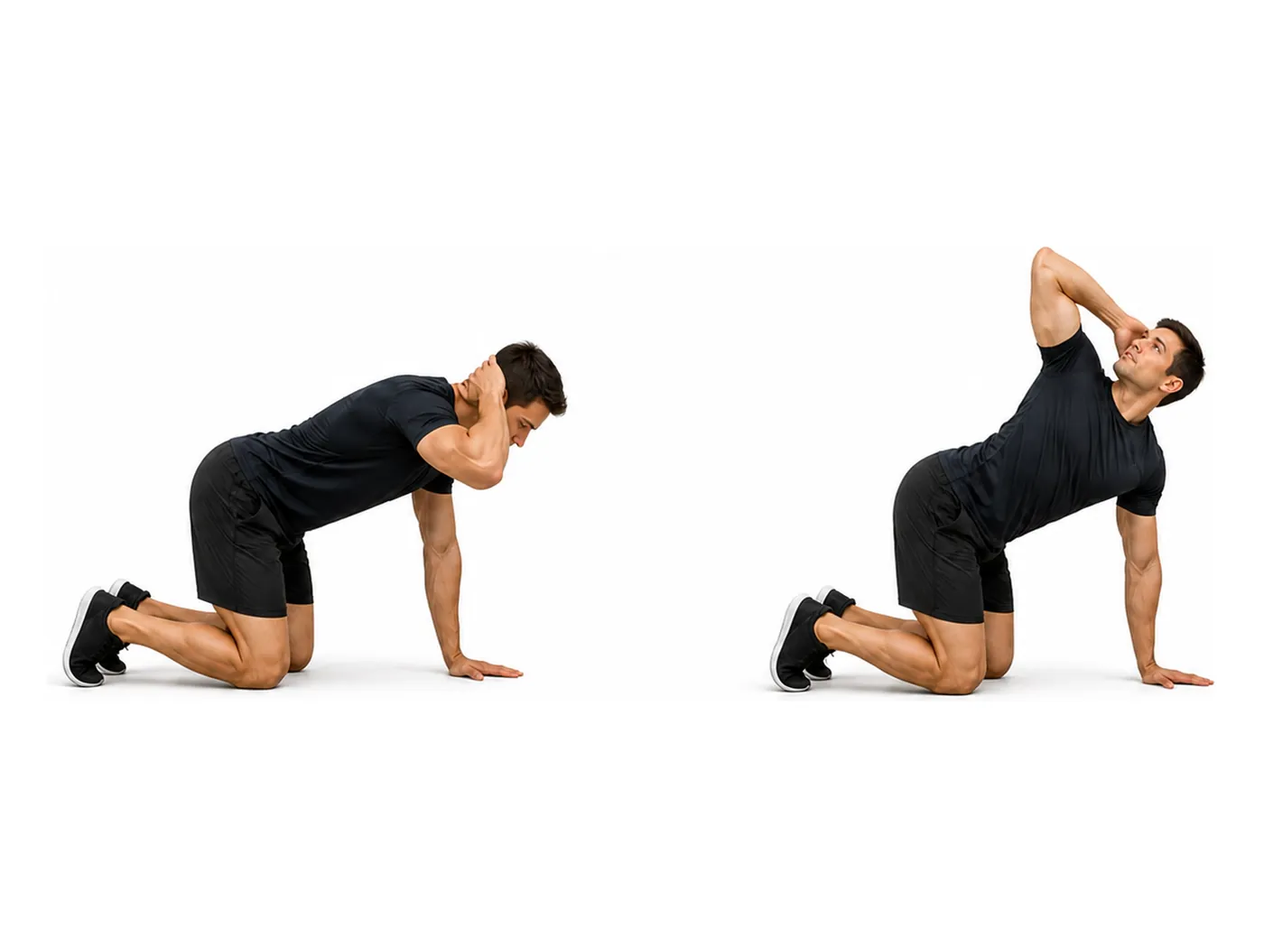 Two-panel demonstration of the thoracic rotation, showing the start and finish positions