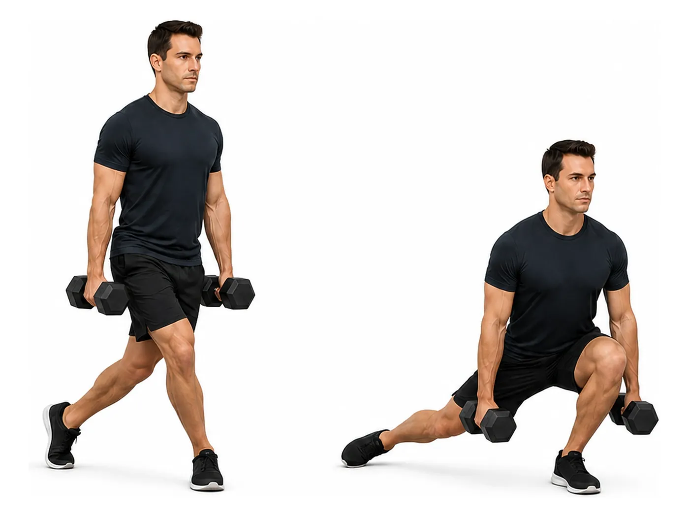 Two-panel demonstration of the transverse lunge, showing the start and finish positions