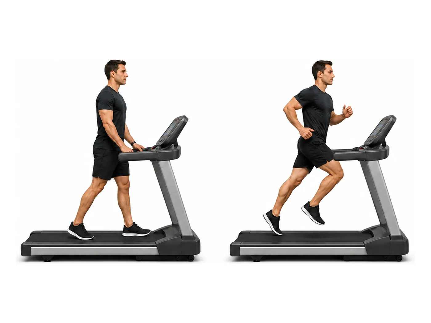 Two-panel demonstration of the treadmill intervals, showing the start and finish positions