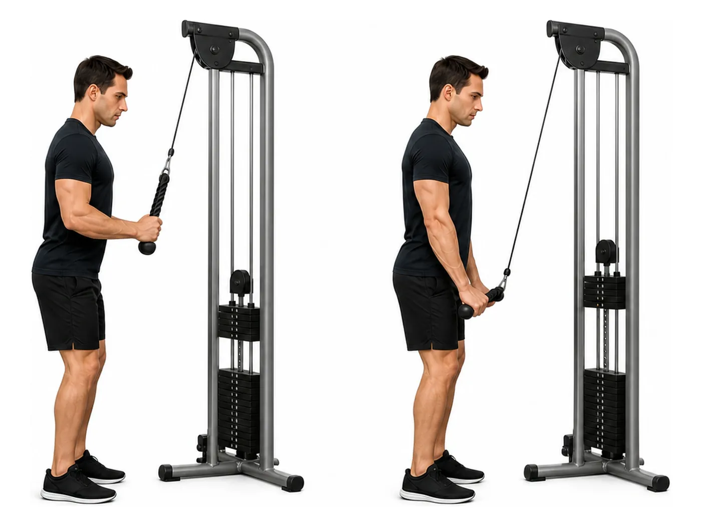 Two-panel demonstration of the triceps pushdown, showing the start and finish positions