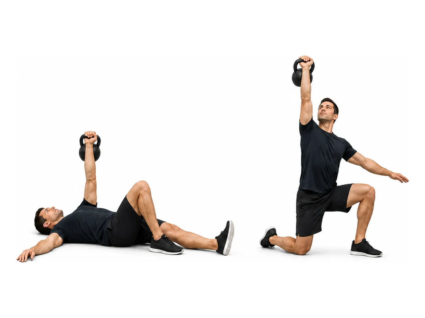 Two-panel demonstration of the turkish get-up, showing the start and finish positions