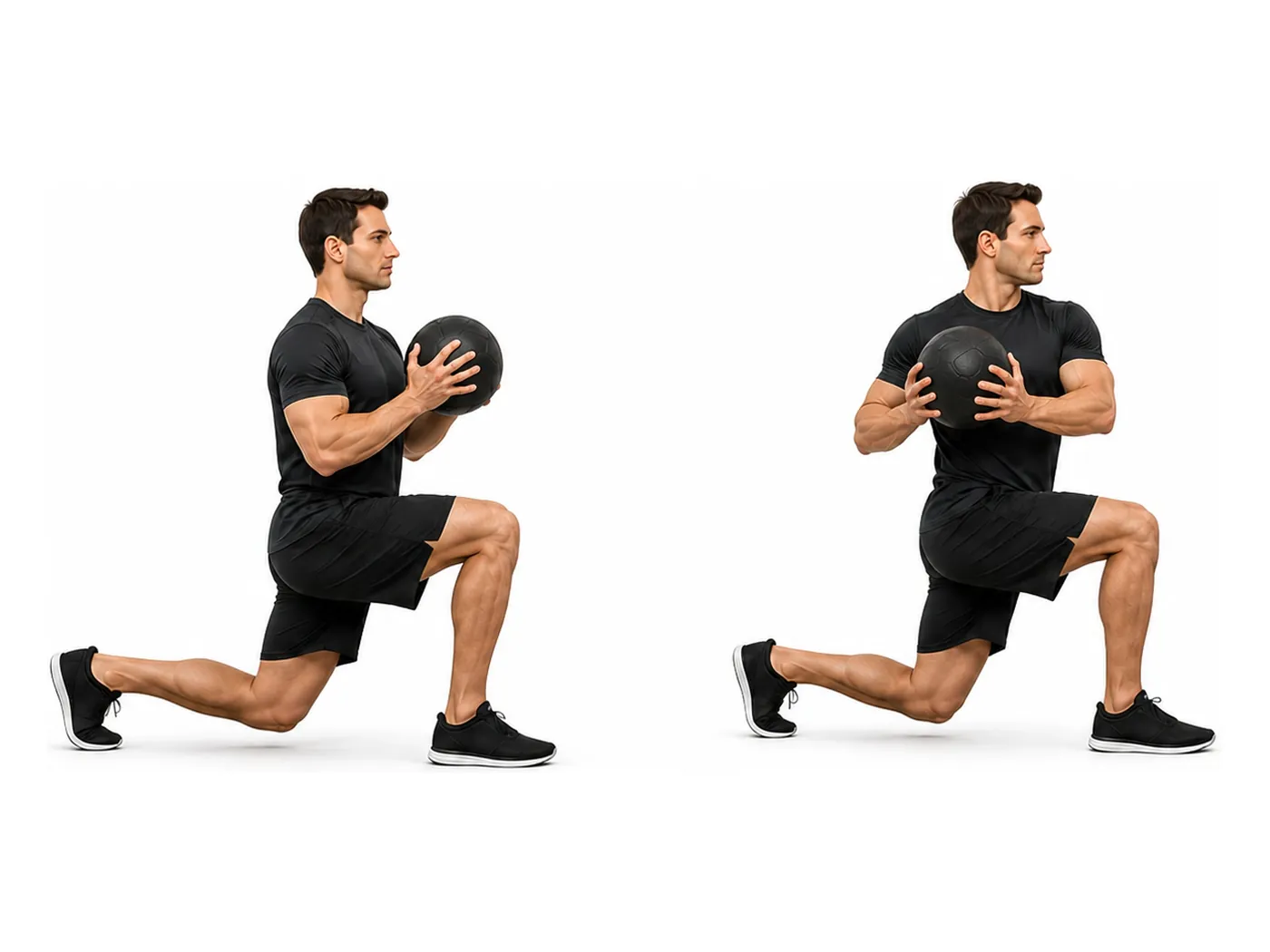 Two-panel demonstration of the walking lunge with twist, showing the start and finish positions