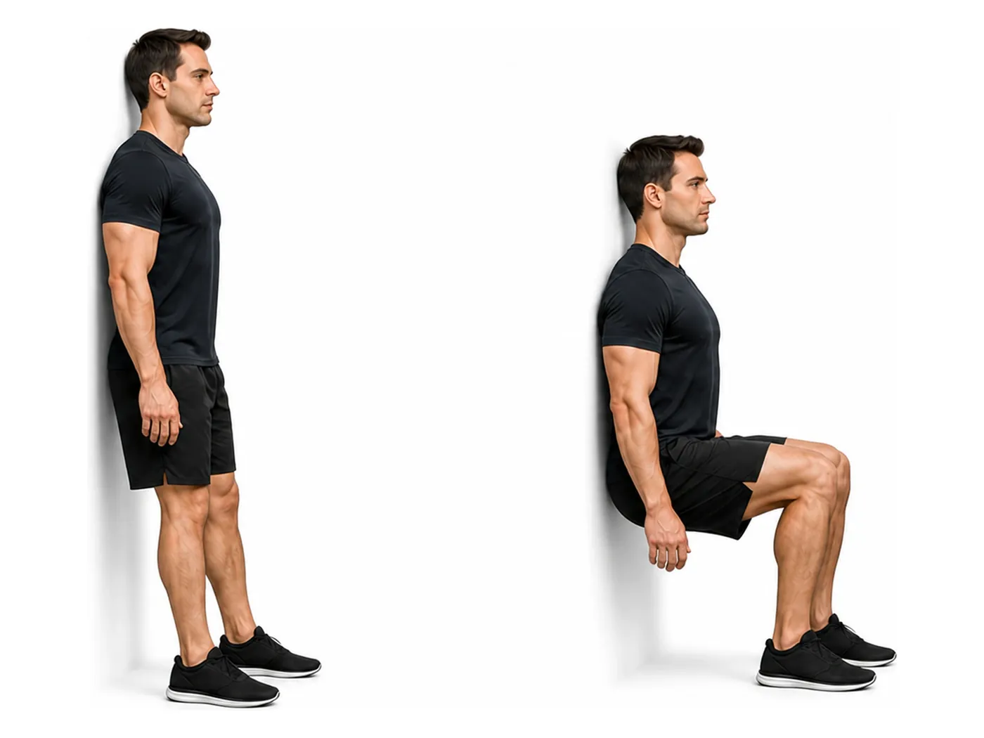 Two-panel demonstration of the wall sit, showing the start and finish positions