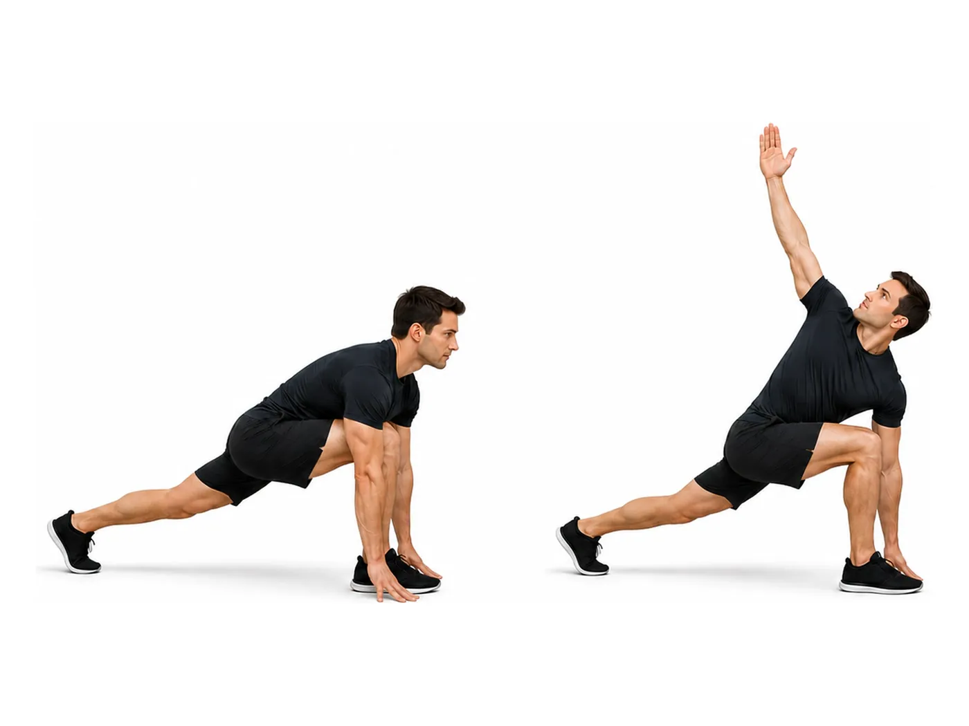 Two-panel demonstration of the world's greatest stretch, showing the start and finish positions
